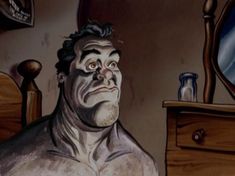 an animated man stares into the distance while standing in front of a dresser and mirror