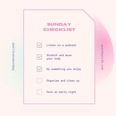 the sunday checklist is displayed on a pink and blue background