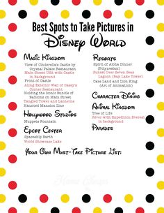 the best spots to take pictures in disney world is featured on this printable poster