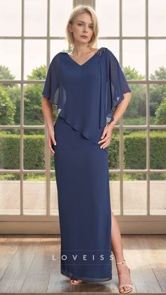 Expertly crafted from luxurious chiffon, this V-neck dress is the perfect choice for any mother of the bride. The short sleeves add a touch of elegance, while the flowy fabric drapes beautifully for a flattering fit. Perfect for any cocktail event, this dress is a must-have for your formal wardrobe. Mother Of Bride Dress, Formal Wedding Guests, Ruffle Beading, Chiffon Cocktail Dress, Beaded Chiffon, Mother Of Bride, Column Gown, Mothers Dresses, Mother Of The Bride Dress