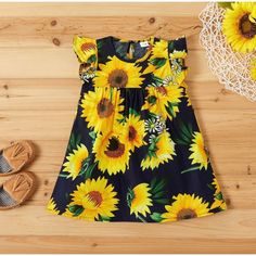 Girls Sunflower Dress Blue With Ruffle Sleeves Baby Mode, Sunflower Dress, Marine Uniform, Loose Fitting Dresses, Long Sleeve Print Dress, Girls Dresses Summer, Sunflower Print, Flutter Sleeve Dress