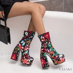 Lasaky - Delightful Blooming Pattern Waterproof Booties for Women Summer Synthetic Ankle Boots, Spring Outdoor Platform Boots With Round Toe, Synthetic Ankle Boots For Summer, Trendy Outdoor Spring Boots, Spring Round Toe Rain Boots, Spring Rain Boots With Round Toe, Spring Outdoor High Ankle Boots, High Ankle Boots For Outdoor Spring Use, High Ankle Outdoor Boots For Spring