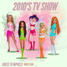 the 2010's tv show dolls are all dressed up in different outfits and colors