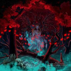 a woman sitting in the middle of a forest surrounded by red and blue lights,