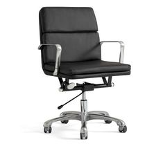 an office chair with chrome legs and black leather upholstered seat, viewed from the front