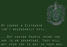 a green background with an image of a crest and the words, if course a slyrin isn't necessaryly evil but having people think you are