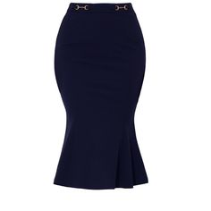 Chic Fitted Skirt With Mermaid Hem, Chic Fitted Mermaid Hem Skirt, Chic Fitted Fishtail Skirt, Blue Fitted Flare Skirt, Fitted Flare Blue Skirt, Elegant Fitted Bottoms With Ruffle Hem, Chic Mermaid Hem Lined Skirt Bottoms, Fitted Ruffle Hem Bottoms For Workwear, Elegant Fishtail Lined Skirt