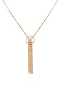 An imitation pearl lends an air of elegance to this dainty chain necklace that's gleaming in warm goldtone plating. 32" length Lobster clasp closure Goldtone plate/glass Imported Elegant Metal Tassel Necklace, Chic Gold Tassel Necklace For Gifts, Chic Gold Lariat Necklace With Pearl Chain, Elegant Gold Long Tassel Necklace, Elegant Long Gold Tassel Necklace, Dainty Chain Necklace, Dainty Chain, Pearl Chain, Vince Camuto