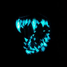 a black background with blue lights in the shape of an animal's mouth and teeth