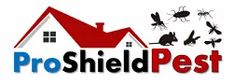 the proshield pest logo is shown in red and blue, with mosquitoes flying around