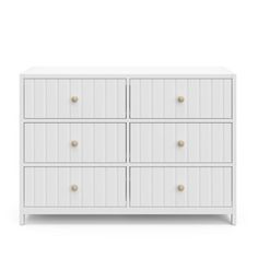 a white dresser with four drawers and two knobs on the front, one drawer open