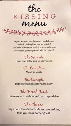 a menu for a wedding is displayed on a tablecloth with red and black writing