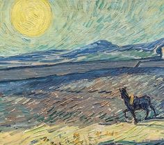 a painting of a man on a horse in the middle of a field with mountains