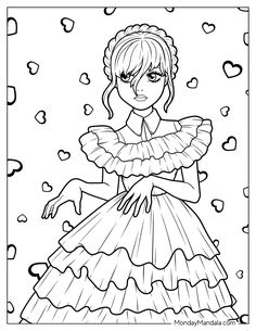 a girl in a dress with hearts around her neck and hands on her hips, coloring page