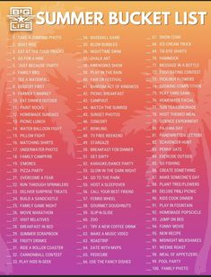 the summer bucket list is shown in pink, orange and purple tones with palm trees