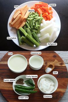 two plates with different types of vegetables on them, one containing yogurt and the other containing carrots