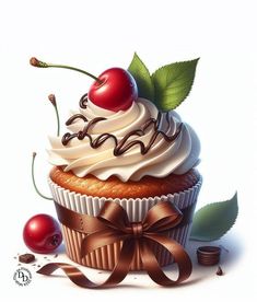 a painting of a cupcake with whipped cream and cherries on top, next to a chocolate ribbon