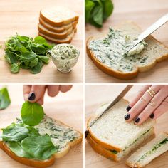 the process of making sandwiches with spinach, cheese and sauces on bread slices