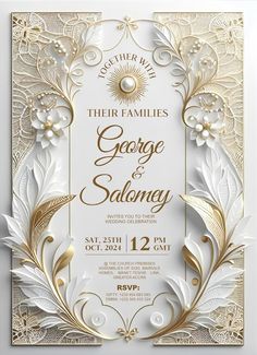 an elegant wedding card with gold and white flowers