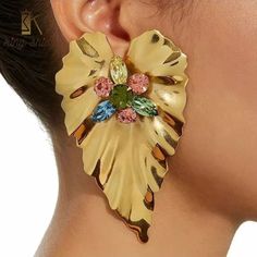 Large Leaf Earrings Gold Rhinestone Earrings, Woman In Gold, Crystals Beautiful, Classic Earrings, Rhinestone Heart, Ootd Style, Bohemian Earrings, Gold Rhinestone, I Love Jewelry