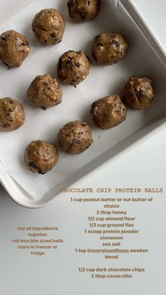 chocolate chip protein balls on a white tray