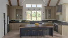 a large kitchen with an island in the middle and two bar stools at the end