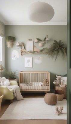 a baby's room is decorated in neutral colors