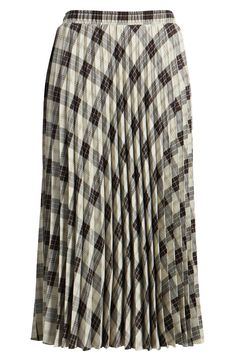 Preppy plaid is all the rage on this cotton-forward midi skirt made with a stretchy smocked waist. 99% cotton, 1% spandex Dry clean Made in the USA Pleated Rayon Midi Skirt, Plaid Pleated Skirt Midi, Black Cotton Pleated Midi Skirt, Chic Midi-length Box Pleated Skirt, Relaxed Midi-length Pleated Skirt With Lining, Planned Outfits, Preppy Plaid, Outfit Plan, Black Midi Skirt