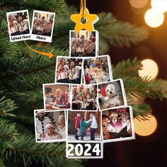 a christmas tree ornament with pictures of people and dogs hanging from it's sides