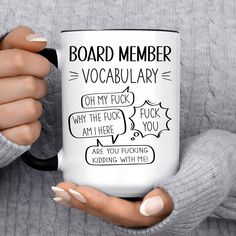 a woman holding a coffee mug with the words board member, vocabularry on it