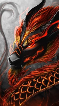 a dragon with red and yellow flames on it's face