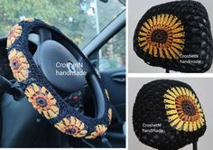 crocheted sunflower steering wheel cover in black, yellow and white with instructions