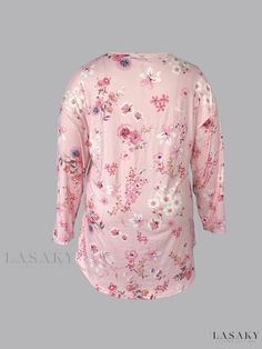 Lasaky - Medium-Stretch Floral Long Sleeve V-Neck Plus Size Casual T-Shirt for Women Floral Print Crew Neck Top For Loungewear, Pink Floral Print Top For Loungewear, Floral Print V-neck Top For Loungewear, Printed V-neck Tops For Loungewear, Relaxed Fit V-neck T-shirt With Floral Print, Vacation Floral Print V-neck T-shirt, Bohemian V-neck Shirt With Floral Print, Multicolor Floral Print V-neck Top, Floral Printing