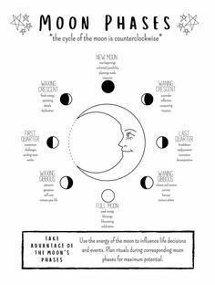 the phases of the moon in black and white, with caption below that reads