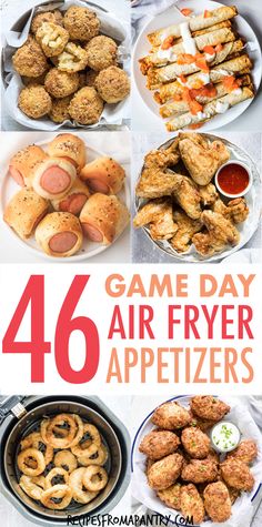 four different pictures with the words game day air fryer appetizers