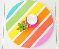 a small potted plant sitting on top of a colorful plate with a white lid