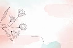 a pink and blue watercolor background with some flowers on the left side, and a line drawing of three tulips on the right side