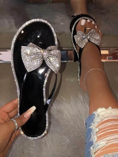 DETAILS Bow Rhinestone Flip-flops Flat heel Bow Flip Flops, Bling Sandals, Clear Shoes, Women Slides, Orthopedic Shoes, Buckled Flats, Rhinestone Sandals, Bow Sandals, Flip Flop Slippers