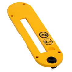 a yellow plastic handle with two black knobs