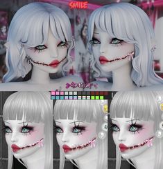 an animated image of a woman with white hair and blue eyes, wearing creepy makeup