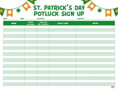 a st patrick's day potluck sign up sheet with shamrocks on it