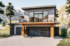 an artist's rendering of a two story house with a balcony and car garage