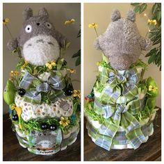 two pictures of stuffed animals dressed up in green and blue clothing with flowers on them