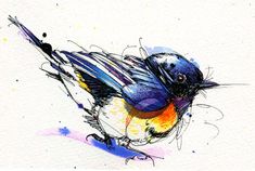 a painting of a colorful bird sitting on top of a piece of paper with paint splatters all over it