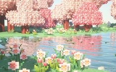 some trees and flowers by the water with pinkish leaves on them in an animated style