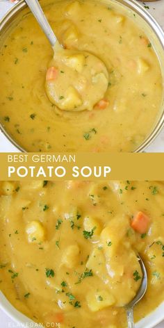 two bowls filled with soup next to each other and the words best german potato soup