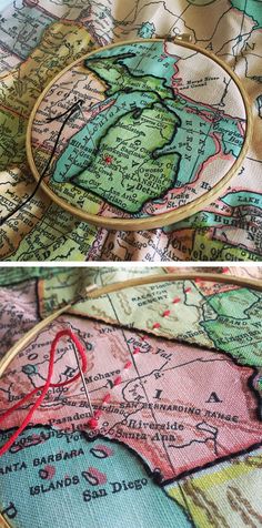 two pictures of the same map with red thread