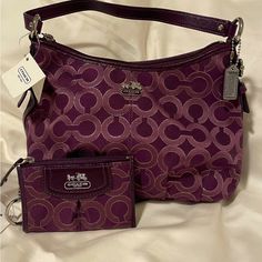 Adorable Set. Purple Signature Fabric. Nwt For Both Items. Coach Silver Bags For Gifts, Coach Silver Wallet For Everyday Use, Coach Silver Wallets For Everyday Use, Coach Pillows, Grey Shoulder Bag, 65th Anniversary, Bucket Handbags, Black Satchel, Coach Tote