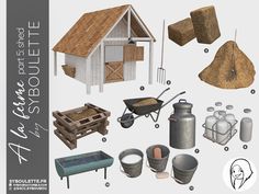 an assortment of objects are shown in this graphic design tool kit, including barrels, buckets and other items