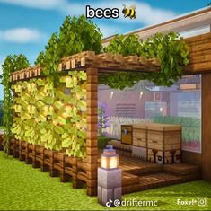 an image of a building made out of wood and plants in minecraft with the words bees on it